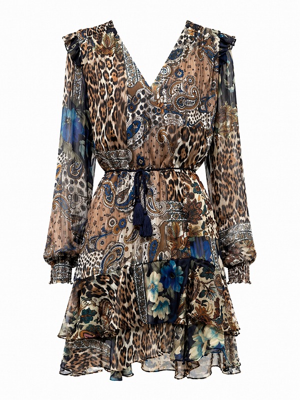 【新品DRESS 1025】ミックスパターンウエスト紐リボンベルト付きフレアミニドレス ブルーブラウン【GUESS】